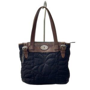 FOSSIL Women's Key-Per Quilted Black Tote Bag Leather Trim & Polka Dot Lining